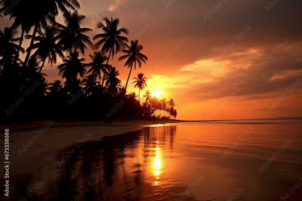 Peaceful sundown on the shore with silhouetted coconut trees. Generative AI