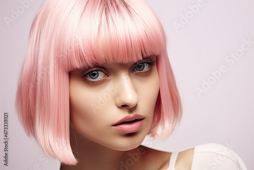 Stylish and glamorous young woman with pink hair and fashionable makeup, radiating confidence and charm.
