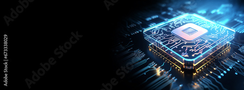 AI concept brain pattern neon blue light on microchip perspective cpu with copy space banner on black background.