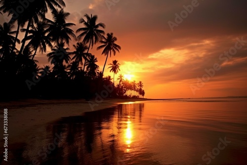 Peaceful sundown on the shore with silhouetted coconut trees. Generative AI