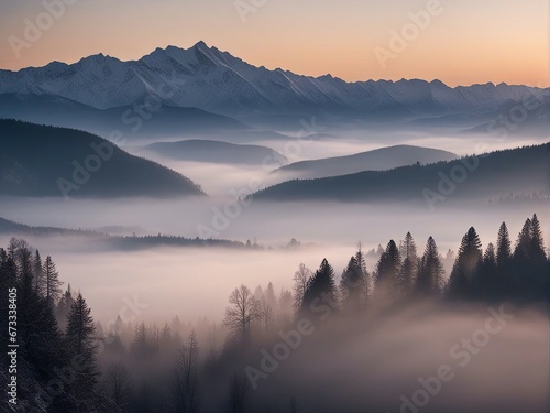 foggy mountain layers before sunrise horizon, winter