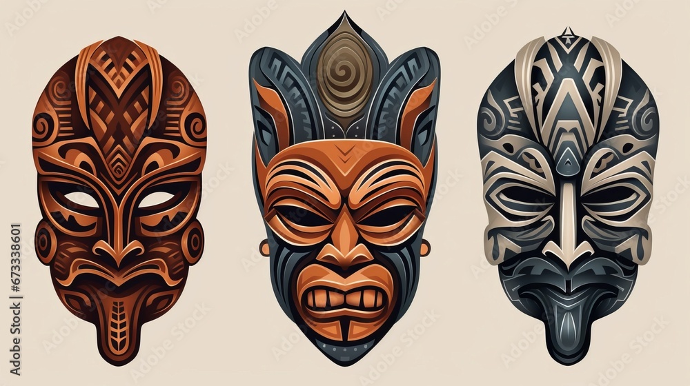 totem colored masks of tribal idols.