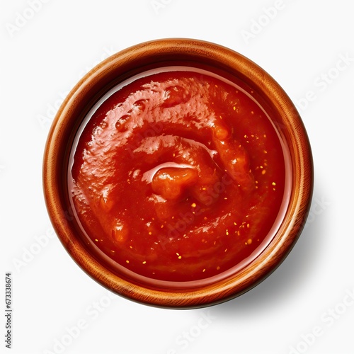 Bowl with red sauce isolated on white, top view