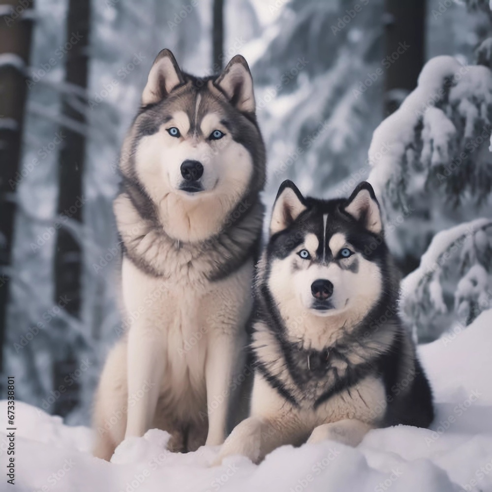 Two adorable husky dogs in the winter forest, AI generator Two adorable husky dogs in the winter forest, AI generator
