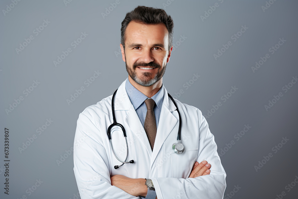 Cheerful, confident young Caucasian male doctor with a stethosco Cheerful, confident young Caucasian male doctor with a stethosco