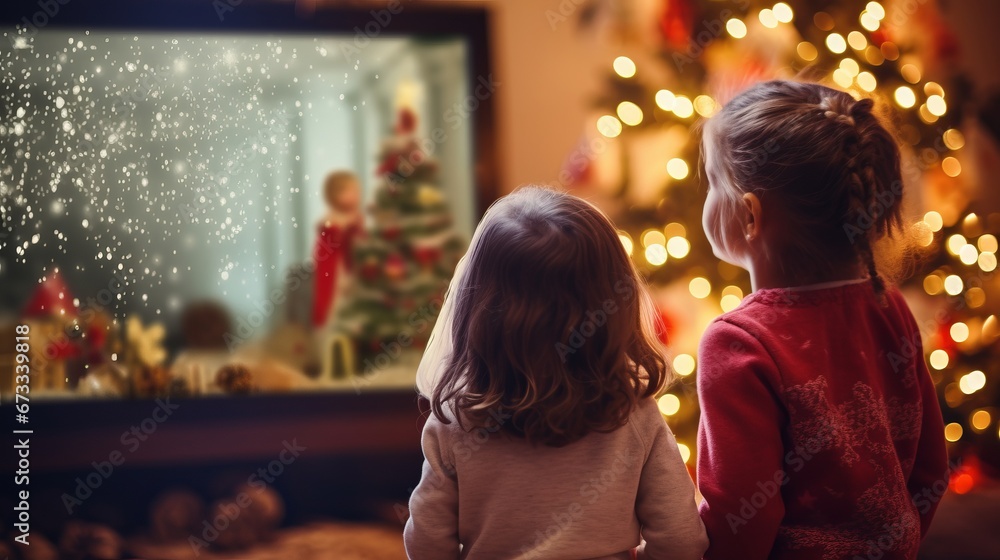 Lovely cheerful children kid enjoy lovely seasonal moment wear Christmas costumes having fun together at home during Christmas time Lovely cheerful children kid enjoy lovely seasonal moment wear Christmas costumes having fun together at home during Christmas time