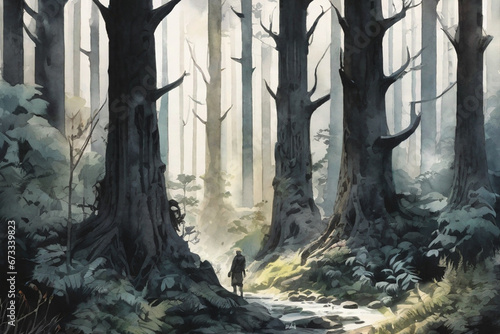 Spooky forest mystery horror beauty in nature, night in the woods under full moon, dark fantasy background, ai generated
