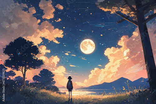 Spooky forest mystery horror beauty in nature, night in the woods under full moon, dark fantasy background, ai generated
