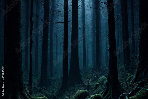 Spooky forest mystery horror beauty in nature, night in the woods under full moon, dark fantasy background, ai generated
