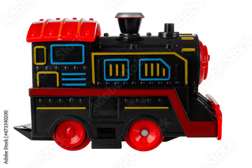 Foto toy railroad with battery-powered steam locomotives and railway track, isolated