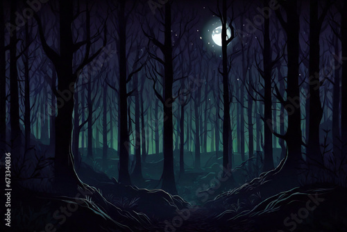 Spooky forest mystery horror beauty in nature, night in the woods under full moon, dark fantasy background, ai generated
