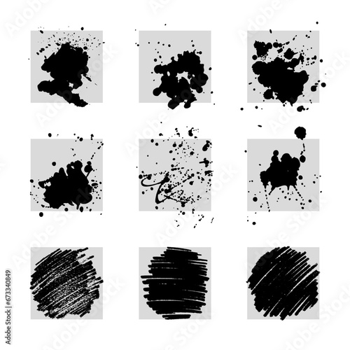 Set of Grunge Design Elements  Ink Drops and Splashes  Black brush strokes. Text frames and patches.