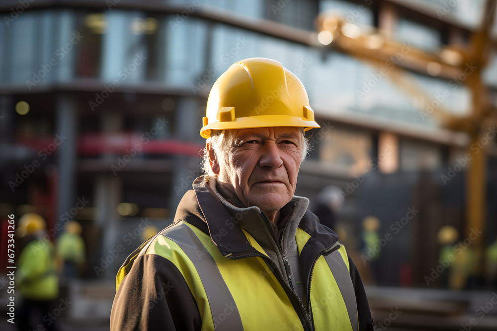 Old man working at construction site. Concept for problems with pushing back statutory retirement age for people in hard labor jobs or old age poverty Old man working at construction site. Concept for problems with pushing back statutory retirement age for people in hard labor jobs or old age poverty