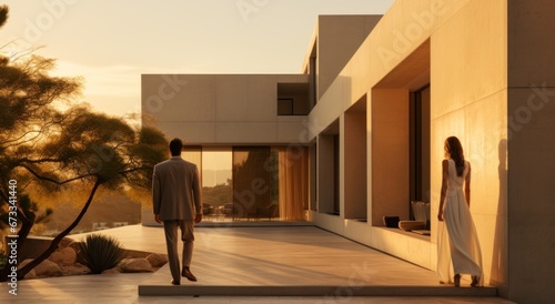 a couple is standing in front of a home with a beautiful view in a country setting