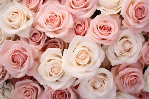 Top view of many pink and white roses. Valentine s day background