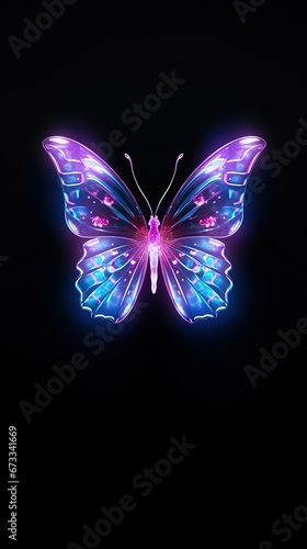 beautiful purple neon glowing butterfly illustration at black background, colorful magic wallpaper