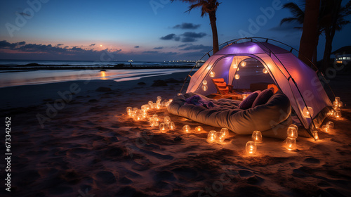 A tent with lights on the beach in the evening