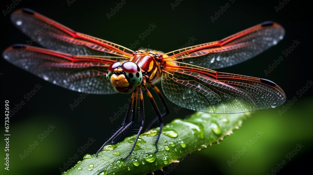 Macro Close-Up of a Dragonfly Resting on a Green Leaf Macro Close-Up of a Dragonfly Resting on a Green Leaf