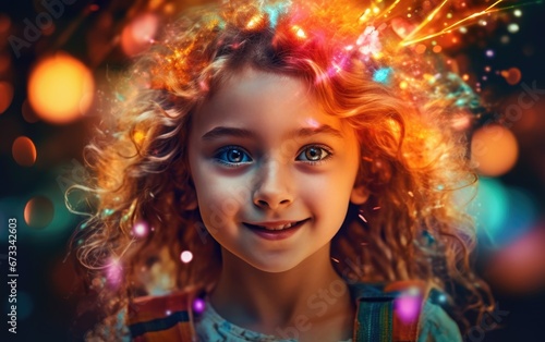 A child girl with her eyes sparkling with curiosity, vibrant colors background