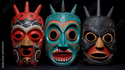 totem colored masks of tribal idols on black background.