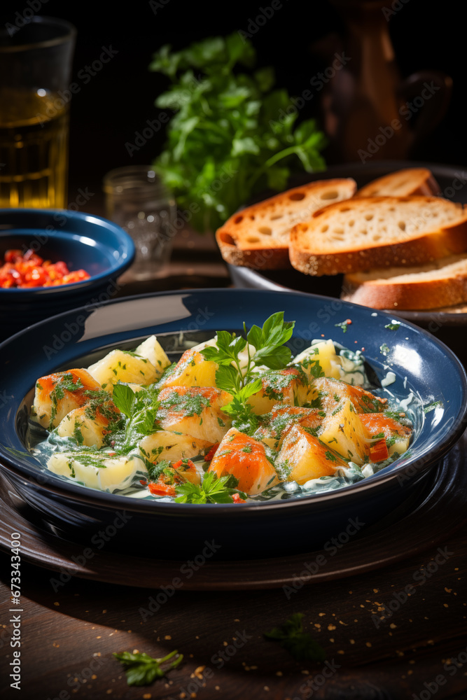 Delicious salmon dish in bowl on table Delicious salmon dish in bowl on table