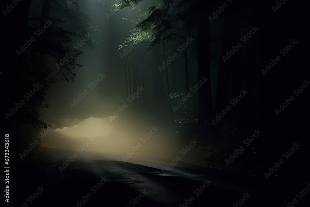In a mysterious forest, the road disappears into an eerie fog, and autumn leaves cast long shadows.