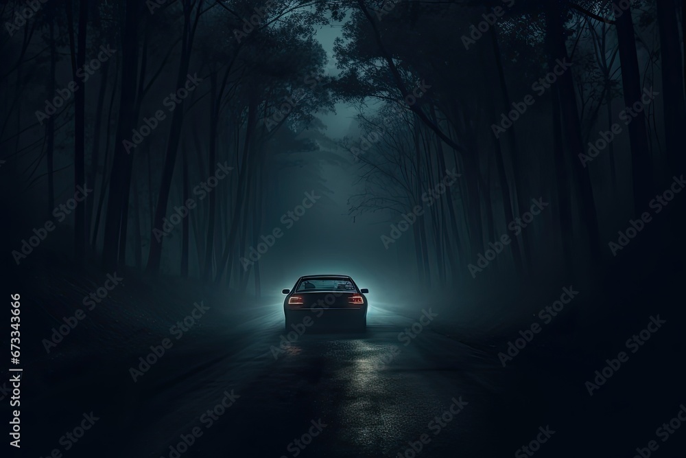 Driving along a dark and foggy forest road at night with car headlights breaking through the fog.