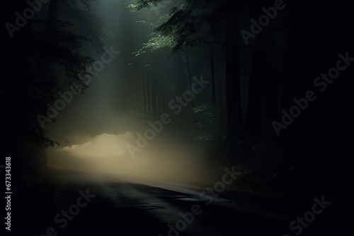 In a mysterious forest  the road disappears into an eerie fog  and autumn leaves cast long shadows.