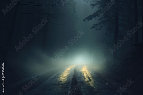 The car rushes through a mysterious night forest  shrouded in fog  and the road disappears into the fog.