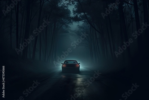 Driving along a dark and foggy forest road at night with car headlights breaking through the fog.