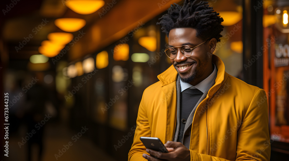 afro American businessman in a cafe with his phone, Makes an order through the app, looks at the phone afro American businessman in a cafe with his phone, Makes an order through the app, looks at the phone