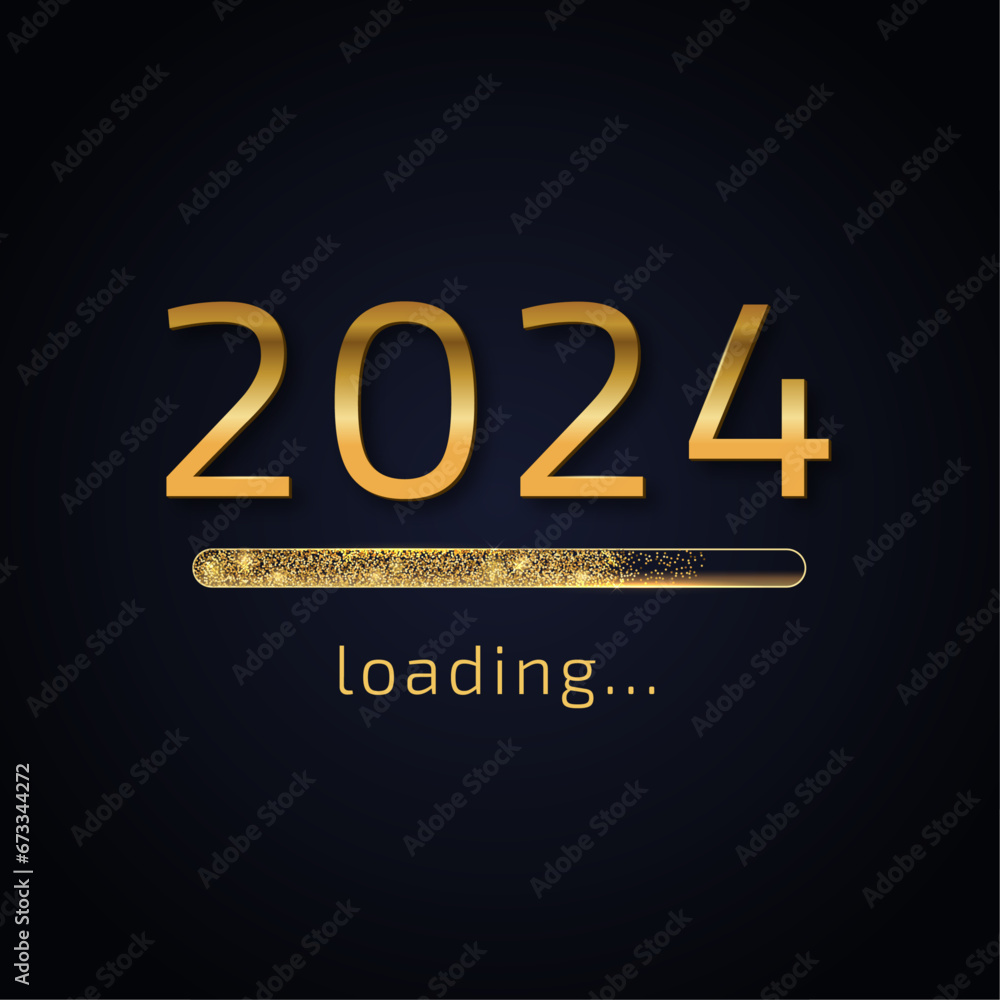 Progress bar with golden particles on dark background. New Year's Eve. Loading animation screen with Glitter confetti shows almost reaching 2024. Creative festive banner with shiny progress bar