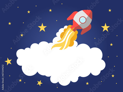Rocket flies among the stars and space for text. Flat vector illustration. Symbol of achieving success in business.