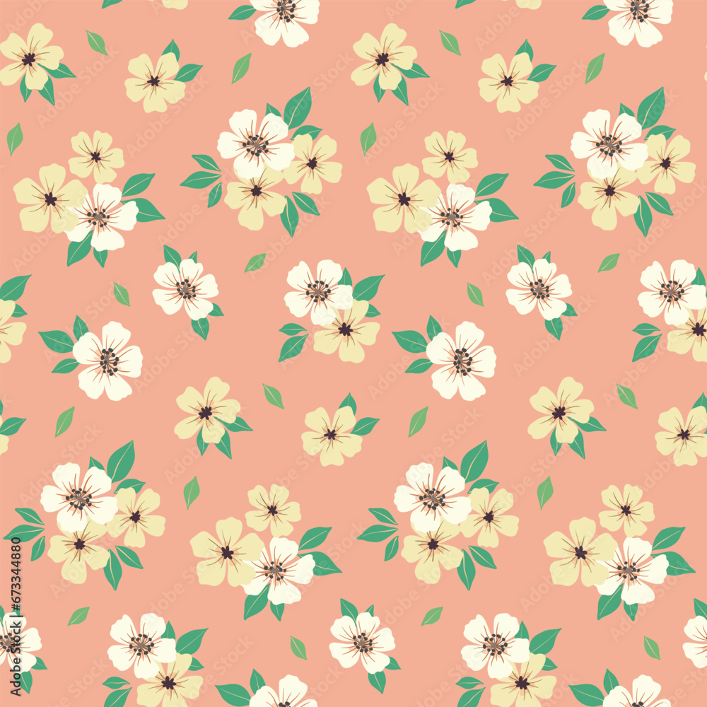 Seamless floral pattern, liberty ditsy print with delicate romantic bouquets. Cute botanical design: small hand drawn daisy flowers, tiny leaves on a pink background. Vector illustration.