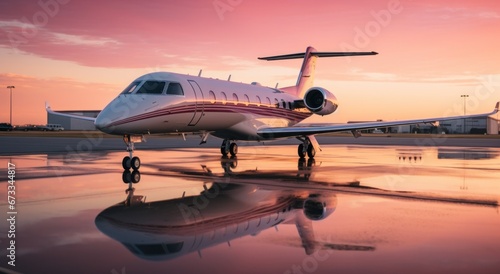 a private jet at sunset parked outdoors photo