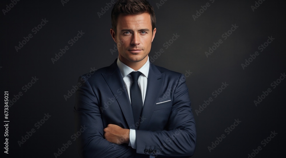 a man in a suit with his arms folded on an empty background a man in a suit with his arms folded on an empty background