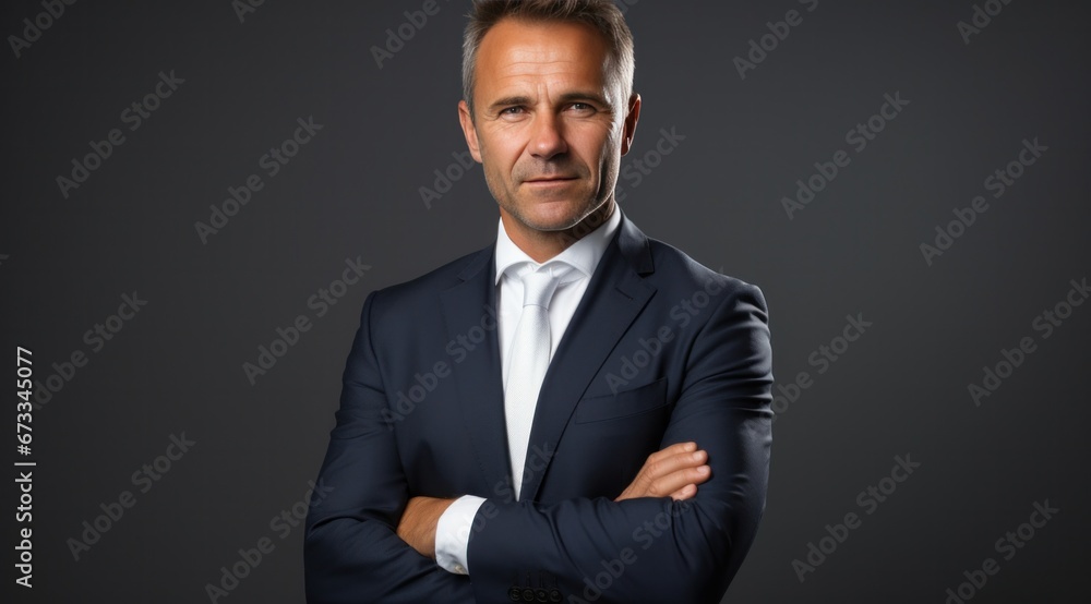 a man in a suit with his arms folded on an empty background a man in a suit with his arms folded on an empty background