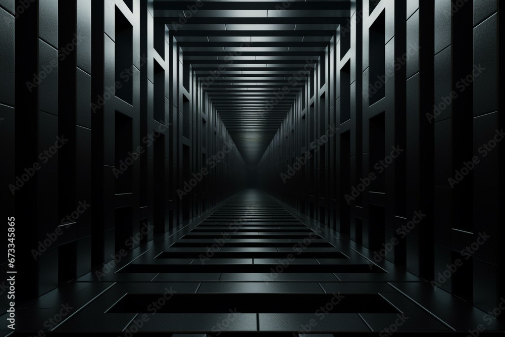 Fototapeta premium A narrow dark tunnel with a slit between squares in a 3D design. Generative AI