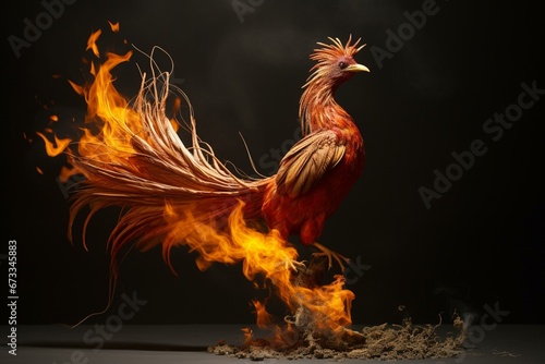 Flaming avian emerges from ignited match. Generative AI