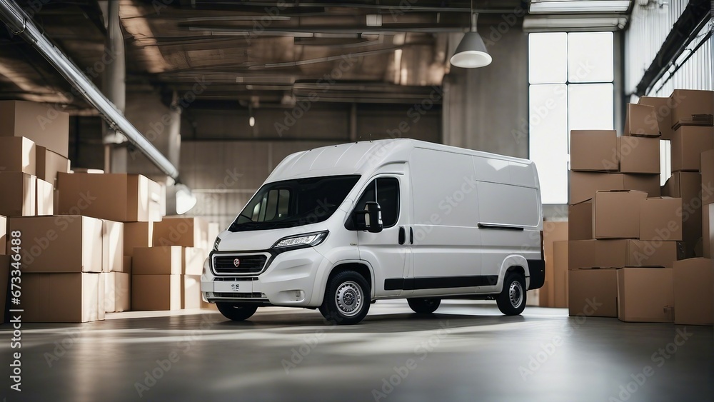 A white commercial transport truck with no lettering in the middle of cardboard boxes in a large warehouse. side view
A white commercial transport truck with no lettering in the middle of cardboard boxes in a large warehouse. side view
