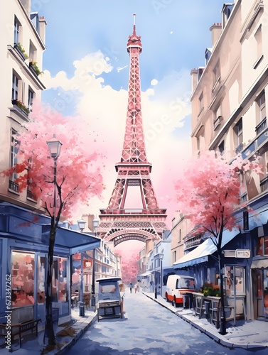 Abstract visualization of the Eifel tower daytime cherry blossoms