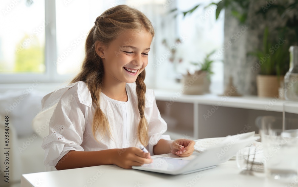 A smiling child girl is writing on a tablet A smiling child girl is writing on a tablet