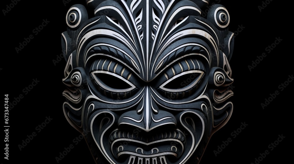 totem colored masks of tribal idols on black background.