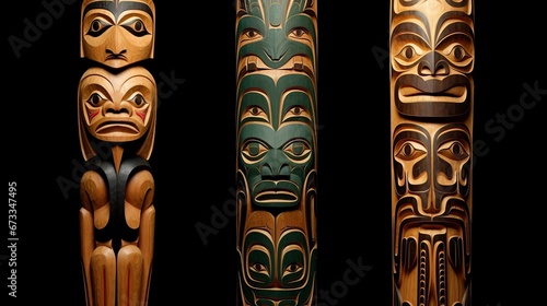totemic wooden figures of idols on a black background.