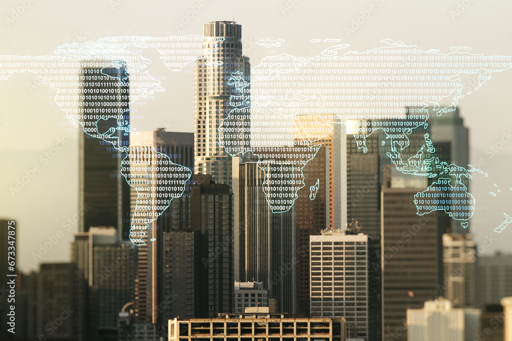 Fototapeta premium Multi exposure of abstract creative digital world map hologram on Los Angeles city skyline background, tourism and traveling concept