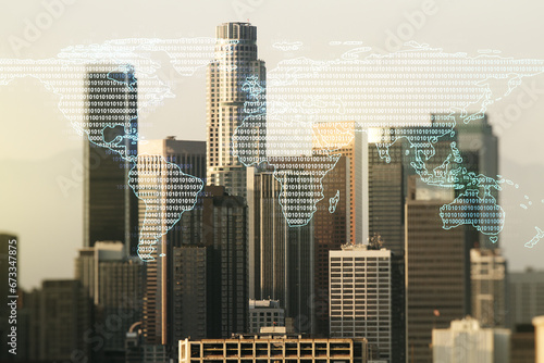 Multi exposure of abstract creative digital world map hologram on Los Angeles city skyline background  tourism and traveling concept