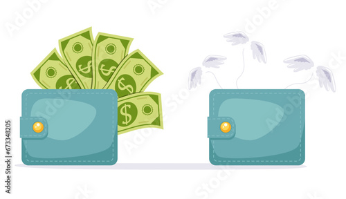 Wallet full and empty of money open pocket finance economy concept. Vector flat graphic design illustration
