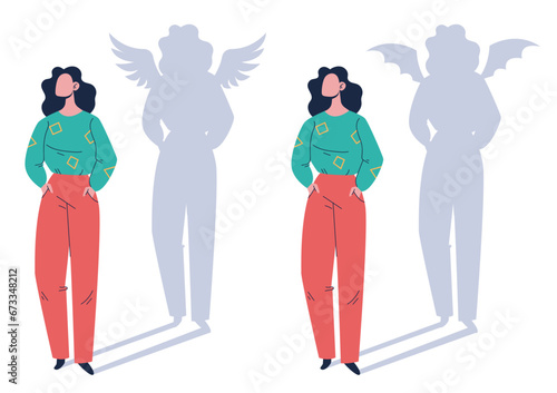 People character with devil angel shadow concept. Vector flat graphic design illustration