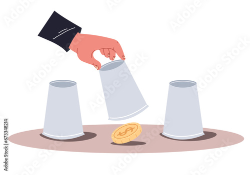 Winning guessing money game business safety trick hide strategy concept. Vector flat graphic design illustration