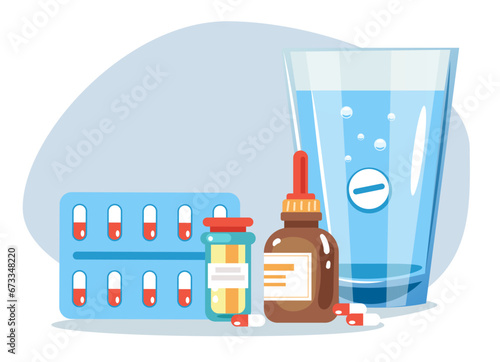 Pharmacy taking medical pharmacist pain pill medicine concept. Vector flat graphic design illustration